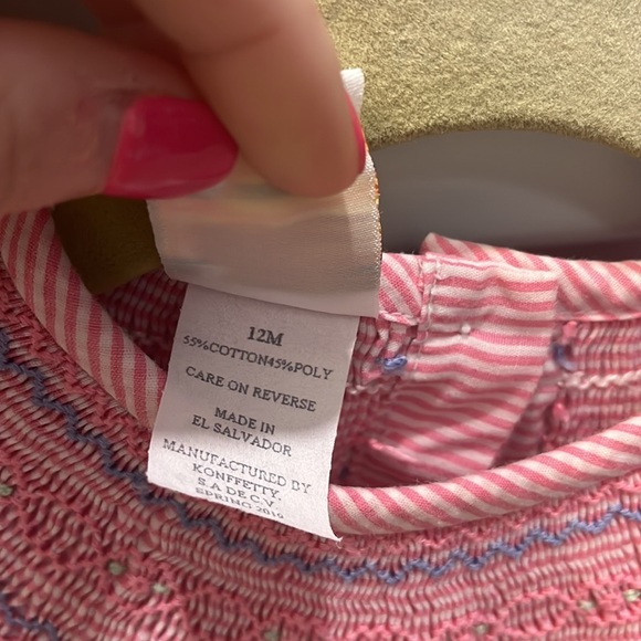 Smocked Giraffe pink and white striped dress with tiny rosebud detail smocking - Picture 4 of 5